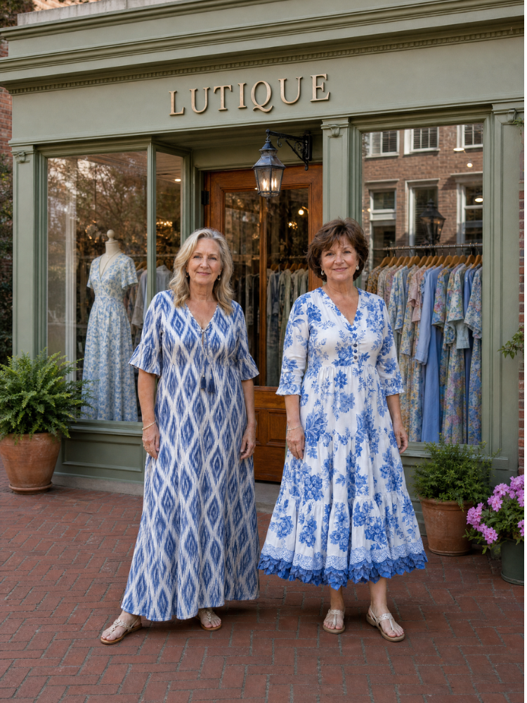 Two women standing in front of a clothing boutique named LUTIQUE, wearing blue and white patterned dresses. The boutique has a green facade and brick walkway.
